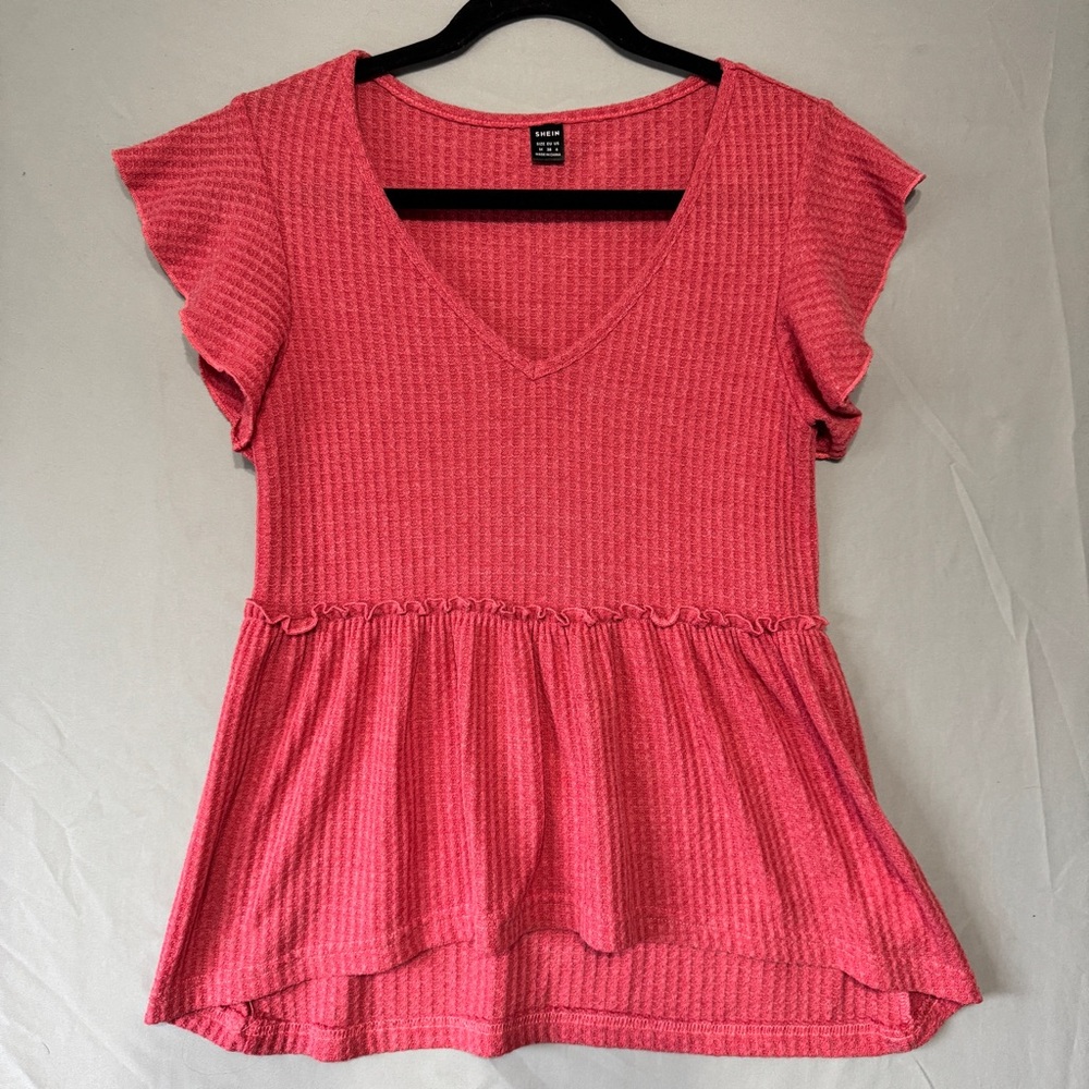 Womens Pink Waffle Vneck Top Size Medium Flutter Sleeves Empire Waist Office